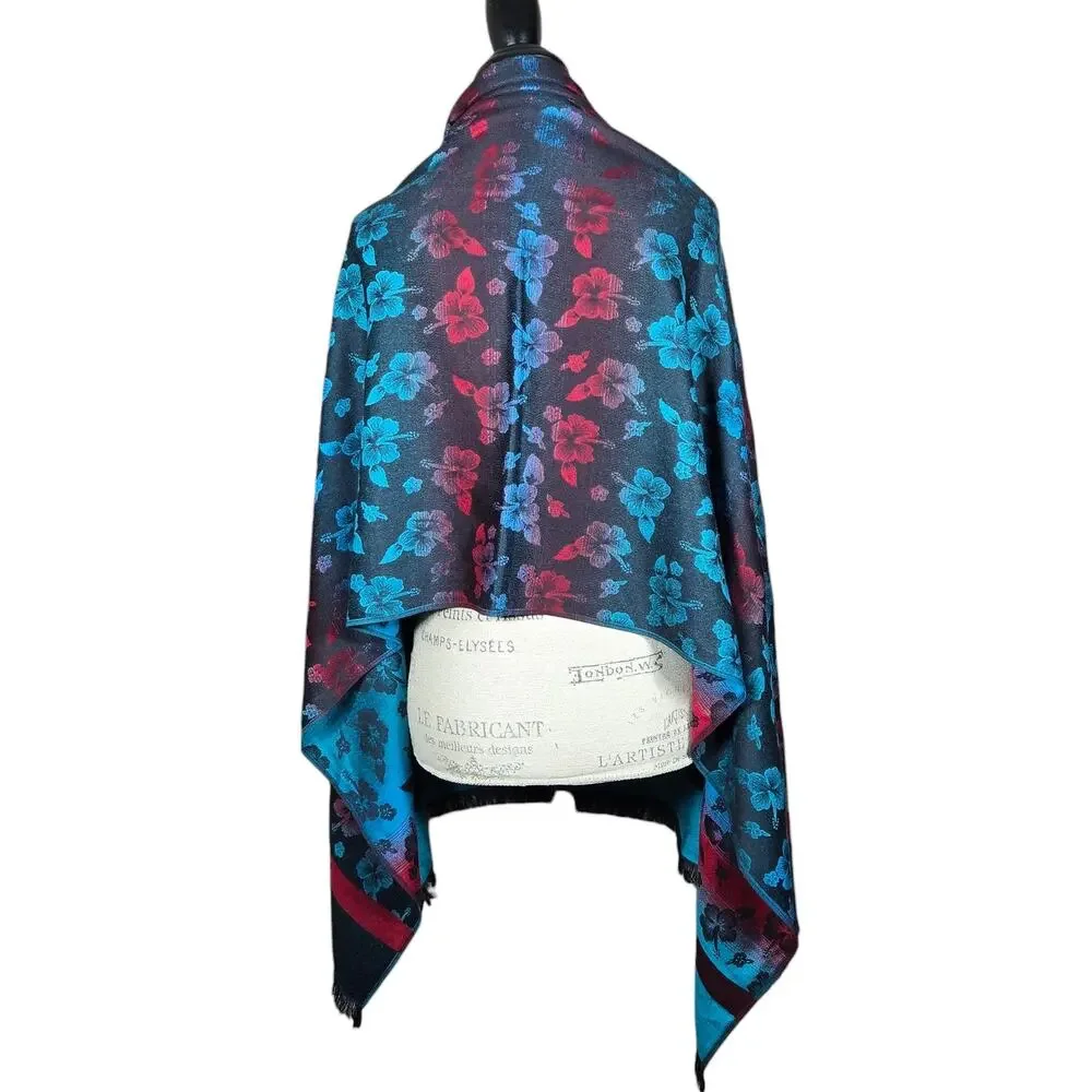 Floral Scarf Wrap Black Blue Red Hibiscus 27" x 70" Soft Pashmina‎ Type - Picture 5 of 8